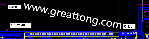 PCB設計時單面板的轉角都需為圓角，R1.0mm或R2.0mm為宜。
