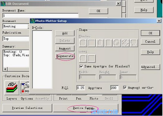 當Gerber和鉆孔都設置完后，選擇一貼片元件較多的層（一般為Top層），點擊Device SetupPhoto，將 Plotter Setup窗口D-Code欄原有的D碼刪除并按Regenerate重新生成
