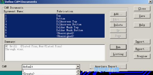 回到Dsfine CAM Documents窗口 ，將所有須輸出的文件用鼠標拉住選擇，按Run輸出，默認輸出路徑是安裝目錄的\CAM\default，也可按CAM的Create更改